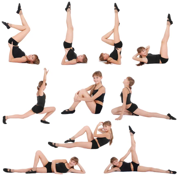 Dez poses. Fitness Girl no fundo branco — Fotografia de Stock