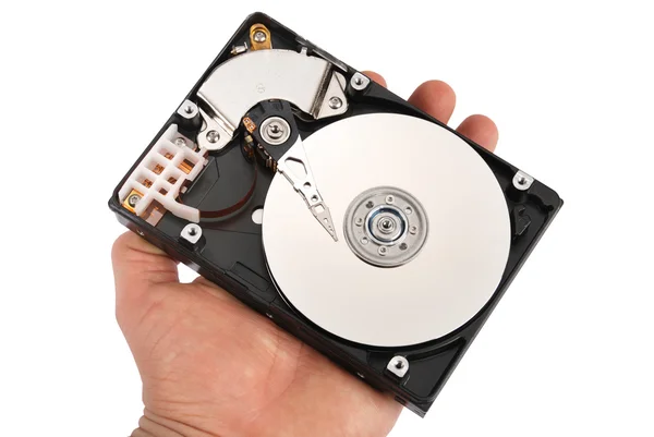 Hand met een open hard disk drive — Stockfoto