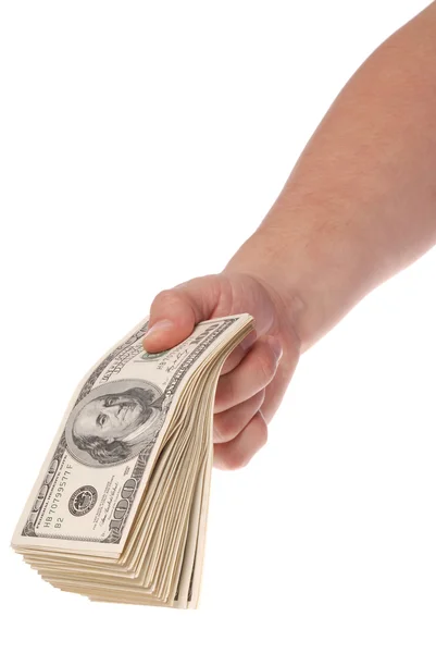 Ręka trzyma paczkę kilkaset dolarów banknotów — Zdjęcie stockowe