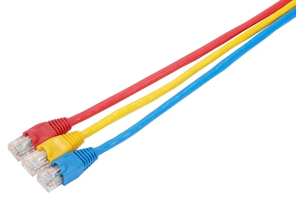 Macro close-up RJ45 network plugs red blue and yellow — Stock Photo, Image