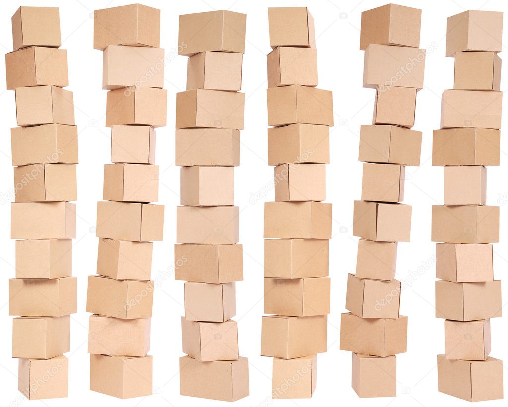 Six stacked cardboard boxes