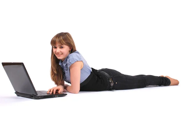The girl holds laptop — Stock Photo, Image