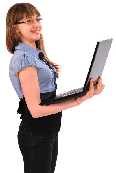 Flickan i glas rymmer laptop — Stockfoto