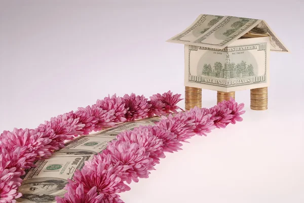 Het is dierbaar van dollars en bloemen benaderingen om het huis — Stockfoto