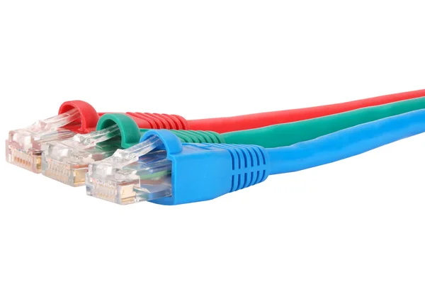 Macro close-up RJ45 network plugs red blue and green — Stock Photo, Image
