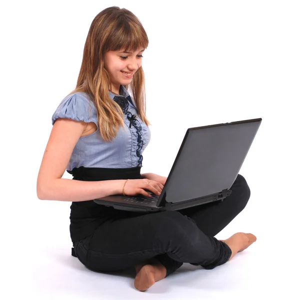 The girl holds laptop — Stock Photo, Image
