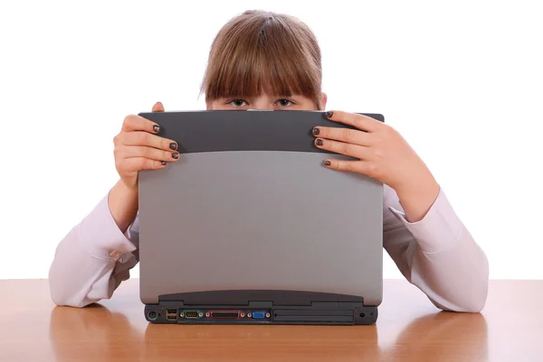 The girl is hidden for laptop — Stock Photo, Image