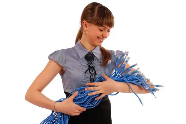 Girl before itself holds the big sheaf of network wires RJ45 — Stock Photo, Image