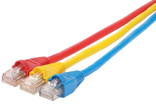 Macro close-up RJ45 network plugs red blue and yellow — Stock Photo, Image