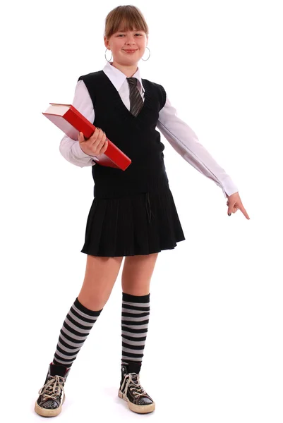 Девушка Держит Красную Книгу Белом Фоне — стоковое фото