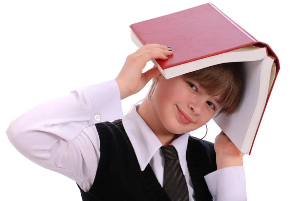Mädchen Hält Das Aufgeschlagene Buch Auf Einem Kopf Auf Weißem — Stockfoto