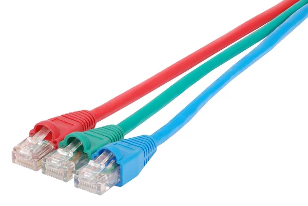 宏特写 rj45 网络插头红、 蓝和绿 — 图库照片