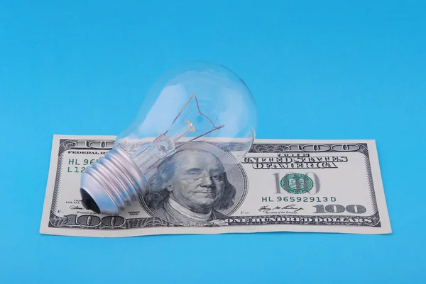 Electric Lamp Hundred Dollars Blue Background — Stock Photo, Image