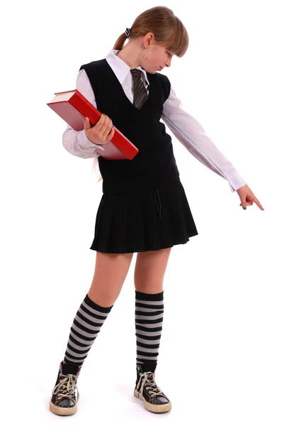 Dívka Drží Červená Kniha Bílém Pozadí — Stock fotografie