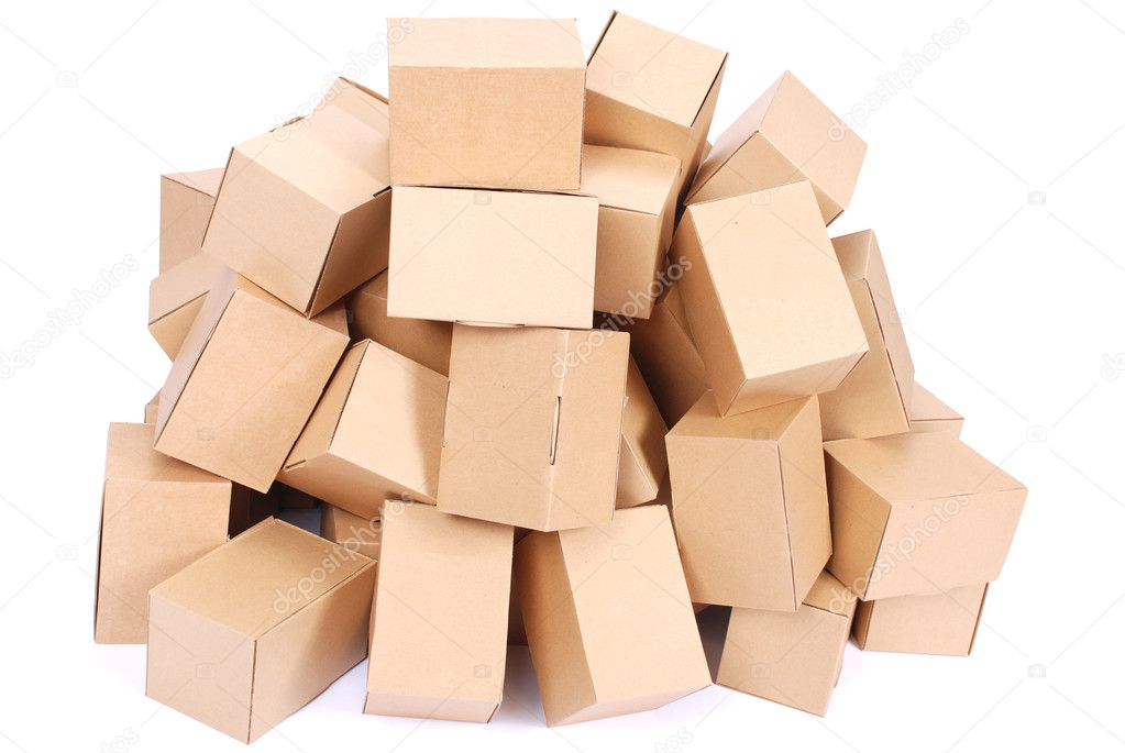 Heap brown cardboard boxes on white background