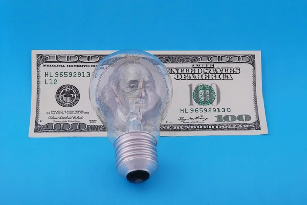 Elektrische Lamp Honderd Dollar Blauwe Achtergrond — Stockfoto
