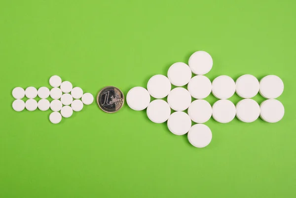 Zwei Pfeile aus Tabletten werden auf eine Münze gerichtet — Stockfoto