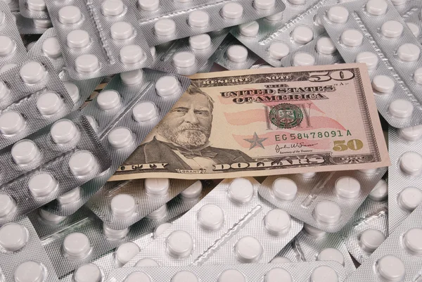 Pengeseddel Dollars Ligger Baggrund Fra Tabletter Begrebet Dyre Lægemidler - Stock-foto