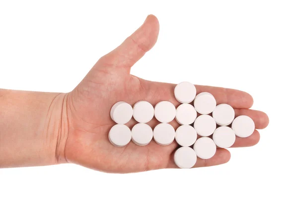 Pilen Kombineras Från Vita Tabletter Pilen Lägger Hand Vit Bakgrund — Stockfoto
