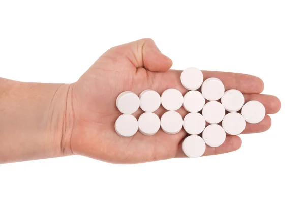 Pilen Kombineras Från Vita Tabletter Pilen Lägger Hand Vit Bakgrund — Stockfoto