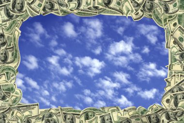 100 dollar frame Inside the beautiful sky and clouds. All banknotes different. For giving realness of money contain elements of deterioration. clipart