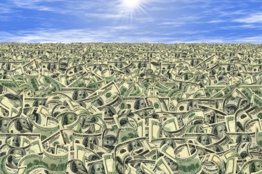 Conceptual image with sea of money or money land. All banknotes different. For giving realness of money contain elements of deterioration. clipart