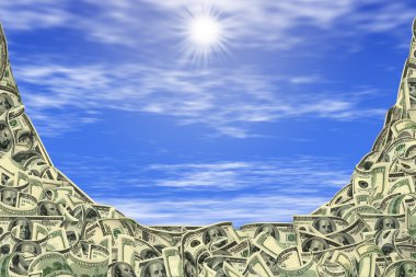 100 dollar frame inside the beautiful sky and clouds. All banknotes different. For giving realness of money contain elements of deterioration. clipart