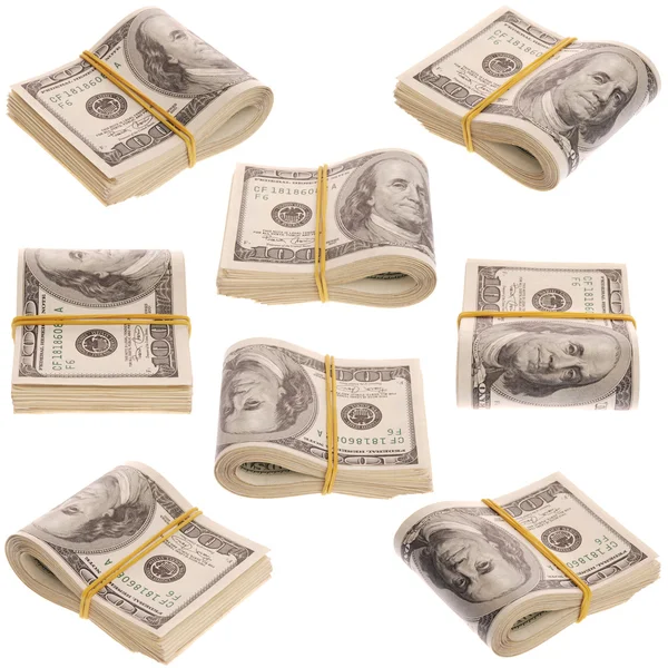 Beyaz Arka Plan Üzerinde Para Dokuz Paket Faturaları Sürüsü Dolarları — Stok fotoğraf