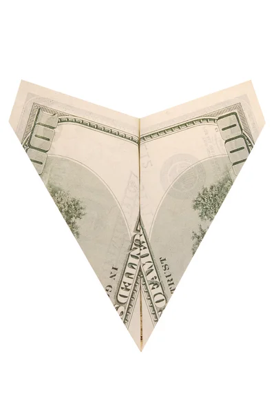 Dollar Papieren Vliegtuigje Bedrijfsconcept Witte Achtergrond — Stockfoto