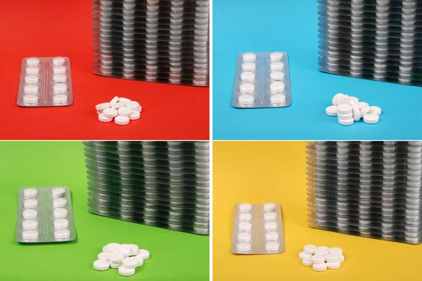 Muitos Comprimidos Brancos Embalagem Pílulas Prata Comprimidos Quatro Verde Vermelho — Fotografia de Stock