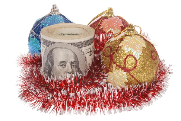 Decorações de árvore de Natal e rolo de dólar — Fotografia de Stock