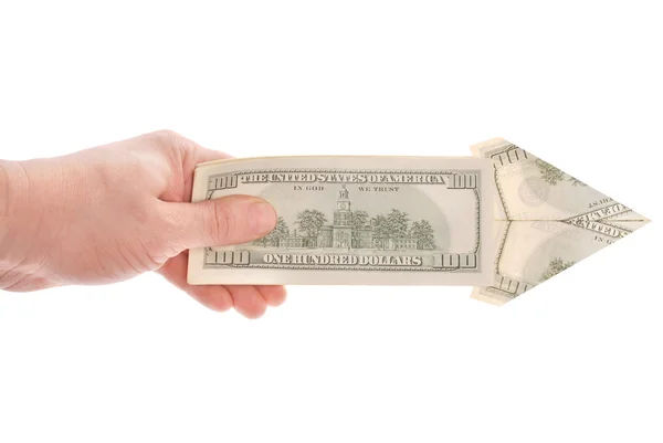 Pfeil Einer Hand Aus Dollars Isoliert Auf Weiß — Stockfoto