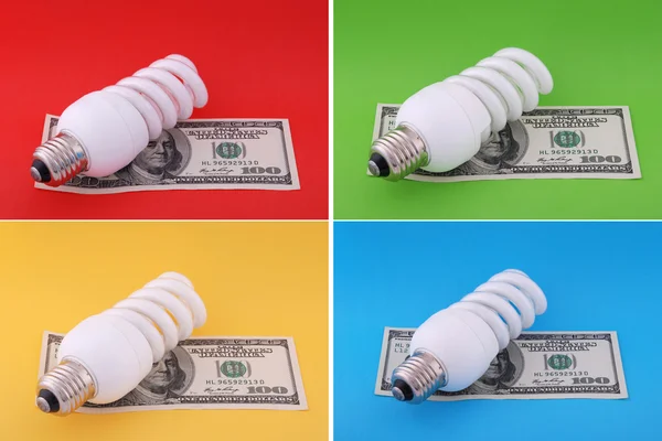 Luminescent Lamp Honderd Dollar Groen Geel Rood Blu Achtergrond — Stockfoto