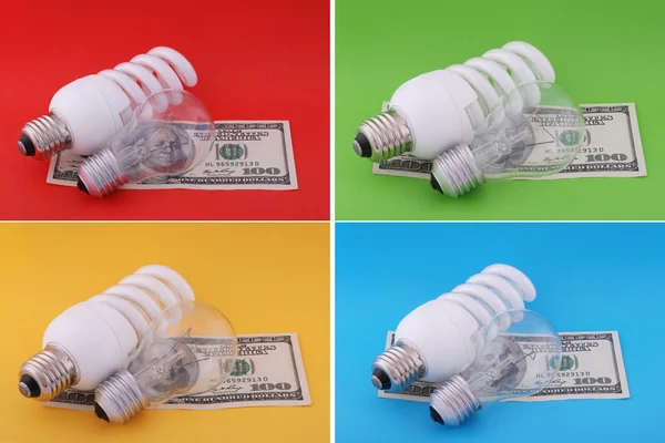 Lámpara Luminiscente Eléctrica Cien Dólares Sobre Fondo Verde Amarillo Rojo — Foto de Stock