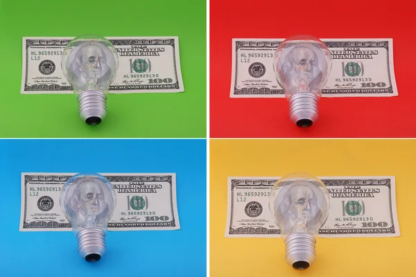 Electric Lamp Hundred Dollars Green Yellow Red Blue Background — Stock Photo, Image