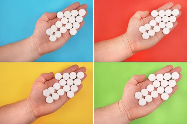 Pijl Gecombineerd Uit Witte Tabletten Pijl Legt Een Hand Vier — Stockfoto