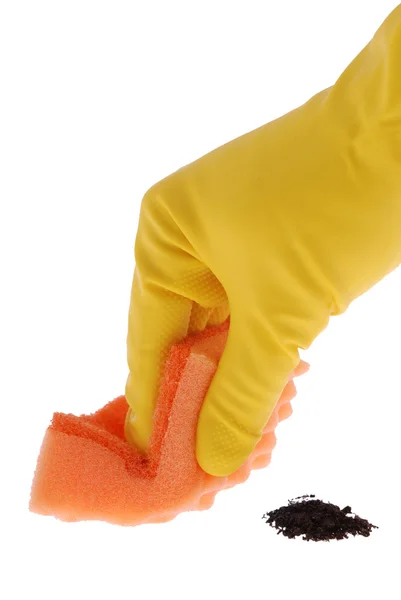 Gummihandske och orange svamp — Stockfoto