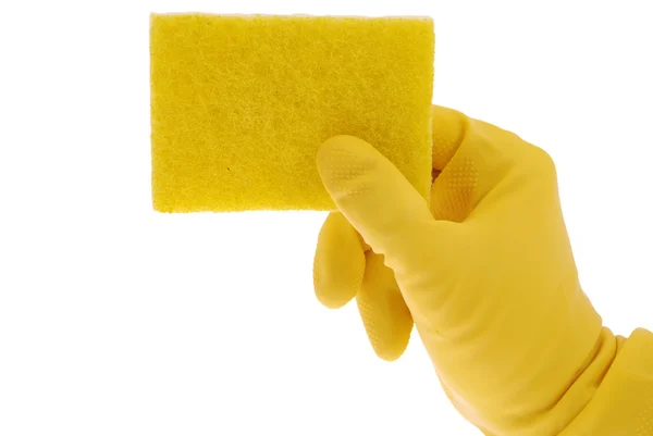 Luva de borracha e esponja amarela — Fotografia de Stock