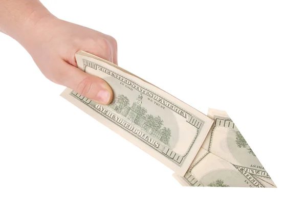 Arrow in a hand made of dollars — Stock Photo, Image