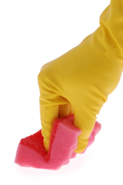 Rubberen handschoen en rode spons — Stockfoto