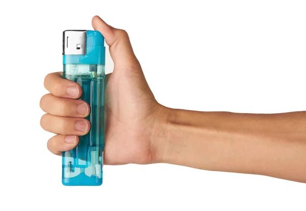 Encendedor azul en la mano —  Fotos de Stock