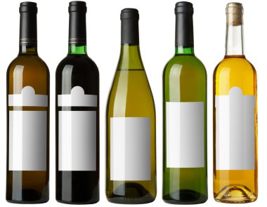 Set 5 bottles of wine with white labels isolated on white background. More - in my portfolio clipart