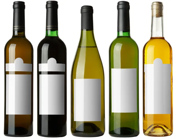 Set Botellas Vino Con Etiquetas Blancas Aisladas Sobre Fondo Blanco — Foto de Stock