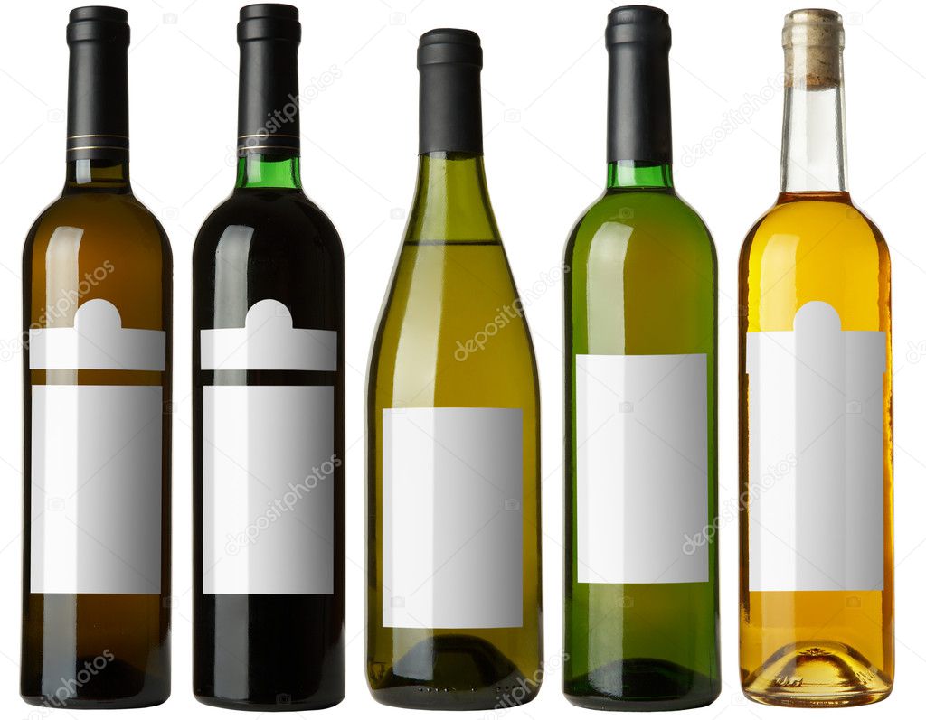 Set 5 bottles of wine with white labels isolated on white background. More - in my portfolio