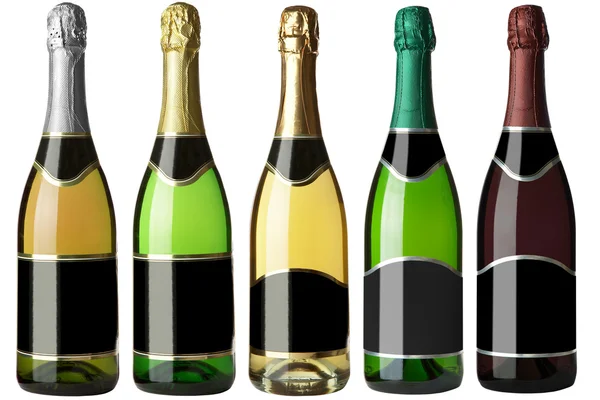 Set Flaschen Wein Mit Schwarzen Etiketten Isoliert Auf Weißem Hintergrund — Stockfoto