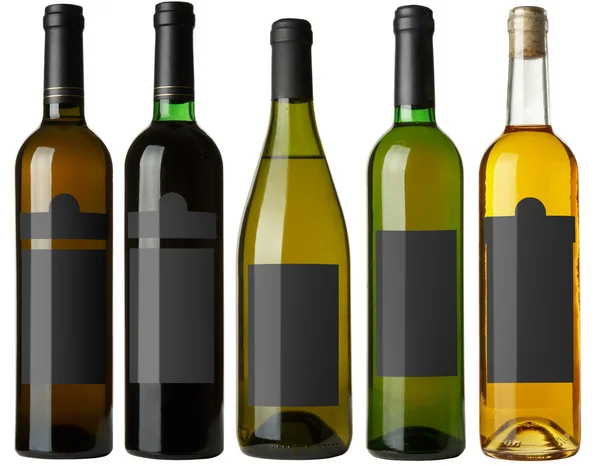 Set 5 Flaschen mit schwarzen Etiketten — Stockfoto