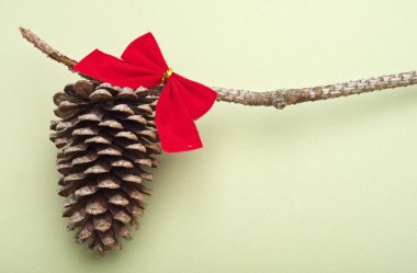 Holiday Pinecone with a Red Bow on a Green Background clipart