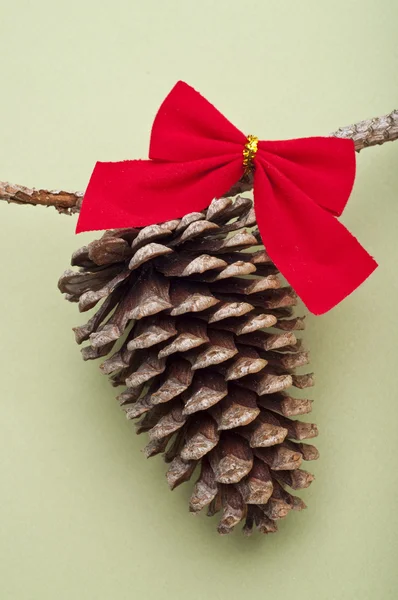 Vakantie pinecone met een rode strik op een groene achtergrond — Stockfoto
