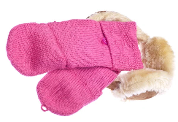 Pembe eldivenleri ile bulanık kış kulak-muffs — Stok fotoğraf