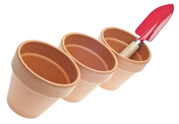 Trio of Clay Pots with Red Shovel — Zdjęcie stockowe